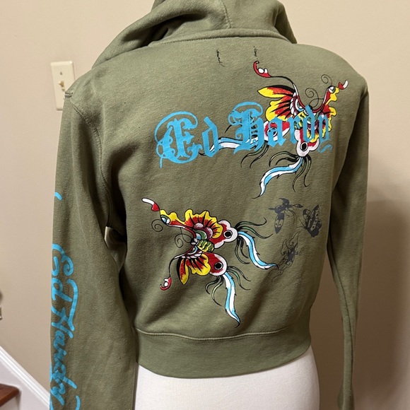 Y2K Ed Hardy Olive Cropped Zip Up Hoodie with Vibrant Graphics Size XL pre-owned - Picture 3 of 7